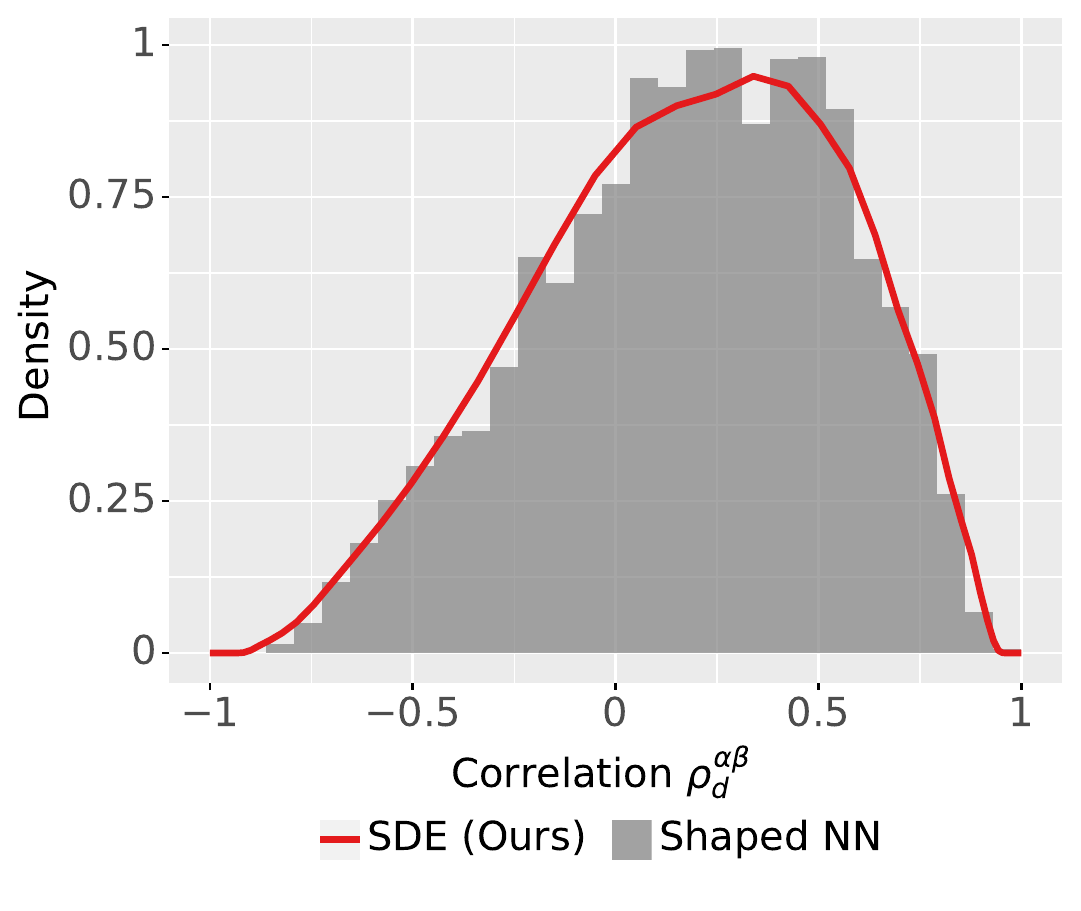 Figure 1 right panel comparing the limiting correlation density with the shaped neural network