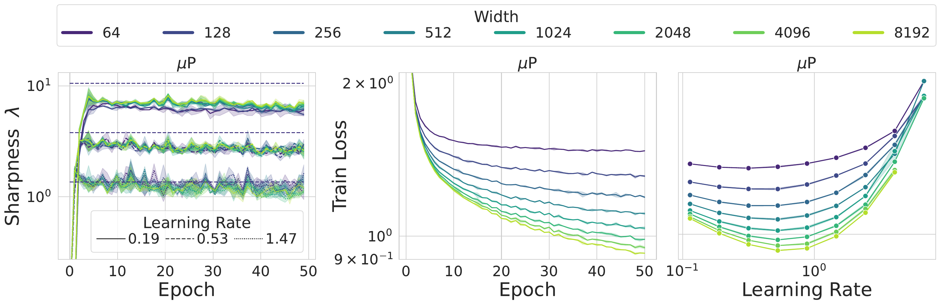 Figure 1 showing sharpness, training loss and learning-rate transfer across model widths
